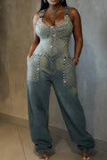 Rhinestone Studded Denim Overalls Jumpsuit