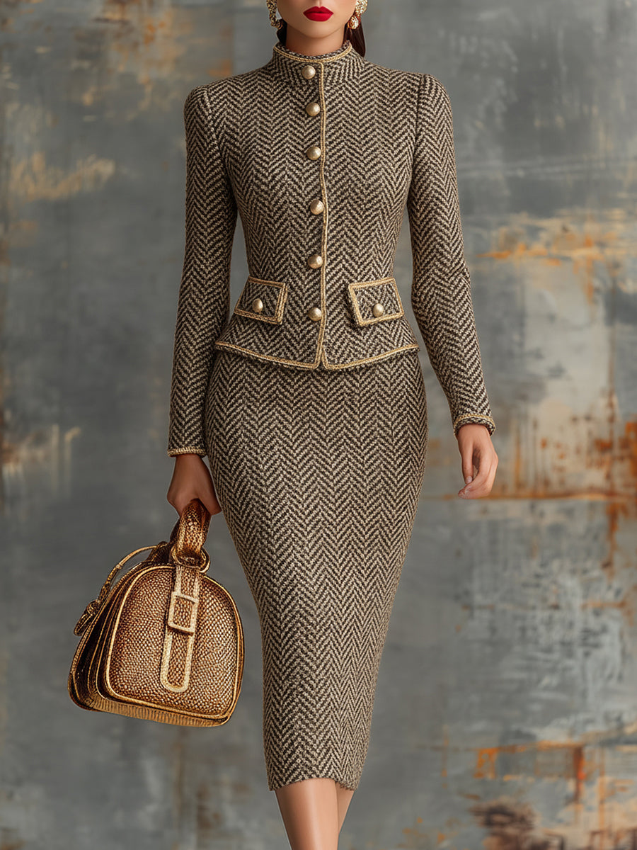 Vintage Herringbone Gold Trim Stand Collar Jacket And Skirt Set