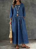 Long Sleeved Round Neck Loose Denim Dress