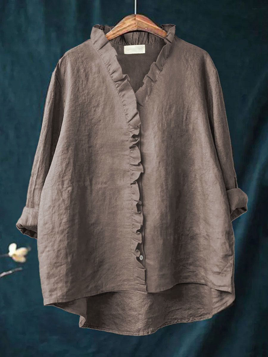 Women's Casual Cotton And Linen Ruffle Shirt