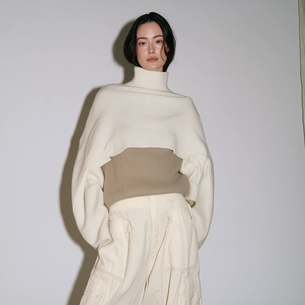 Cropped Turtleneck Oversized Sleeve Knit Sweater Set