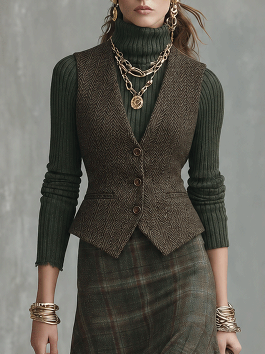 Plaid Midi Skirt & Knit Turtleneck Sweater Vest Two-Piece Set