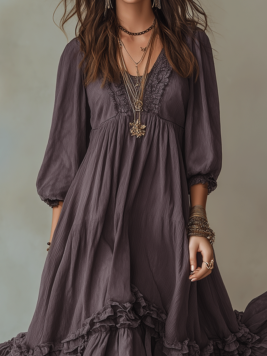 Flowy Vintage Boho Soft Ruffle Hem Tiered Maxi Dress