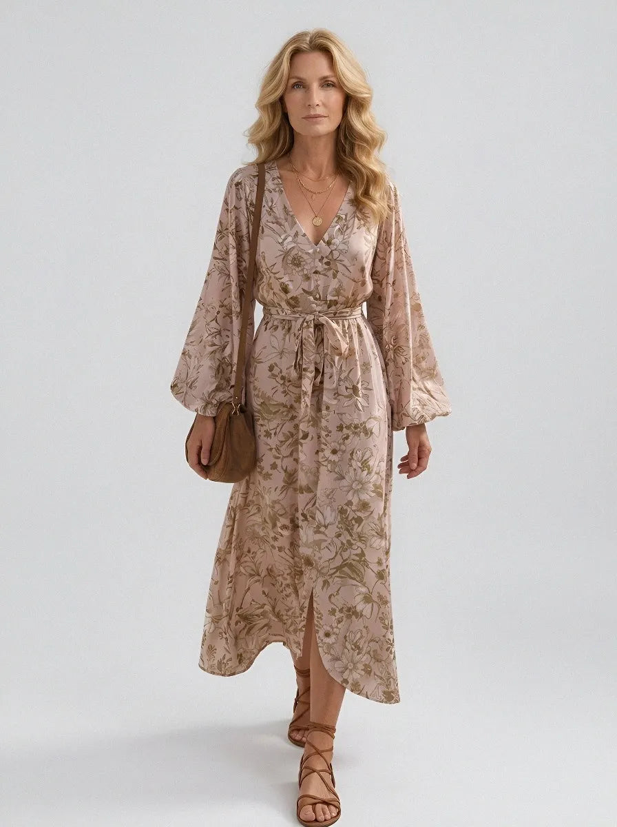 Women's Bohemian Floral V-Neck Long Sleeve Printed Dress