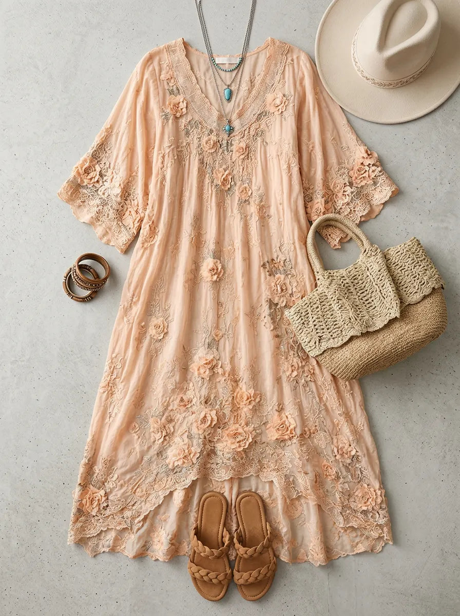 Women's Boho Floral Embroidered Lace Printed Maxi Dress