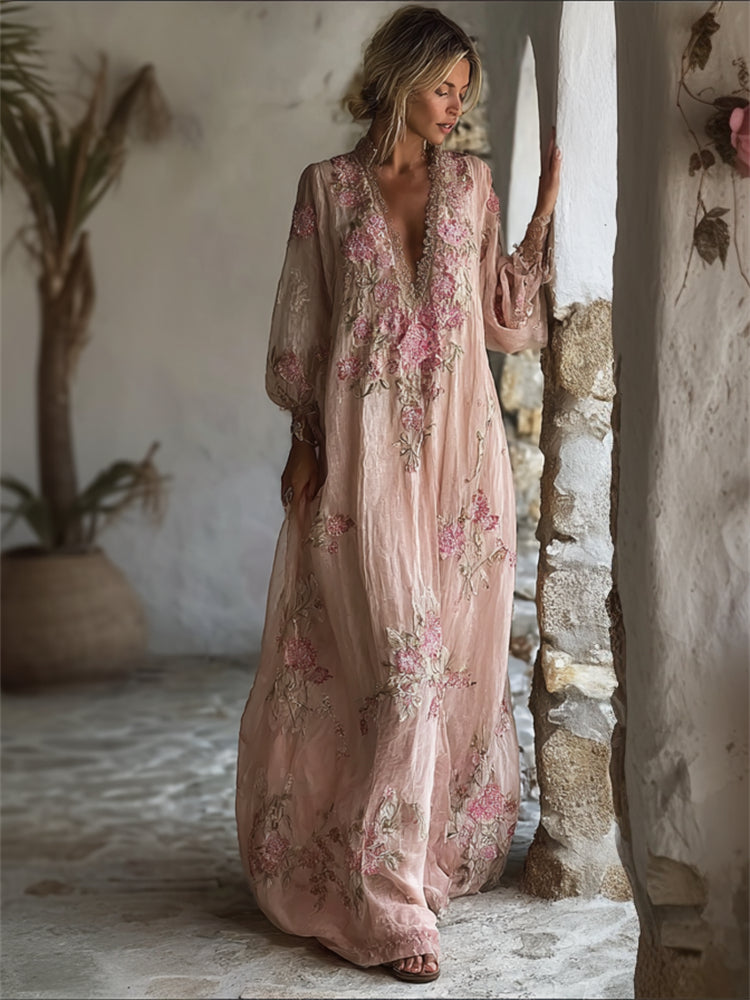 Boho Pink Roses Floral Lace Trim Flowy Linen Maxi Dress