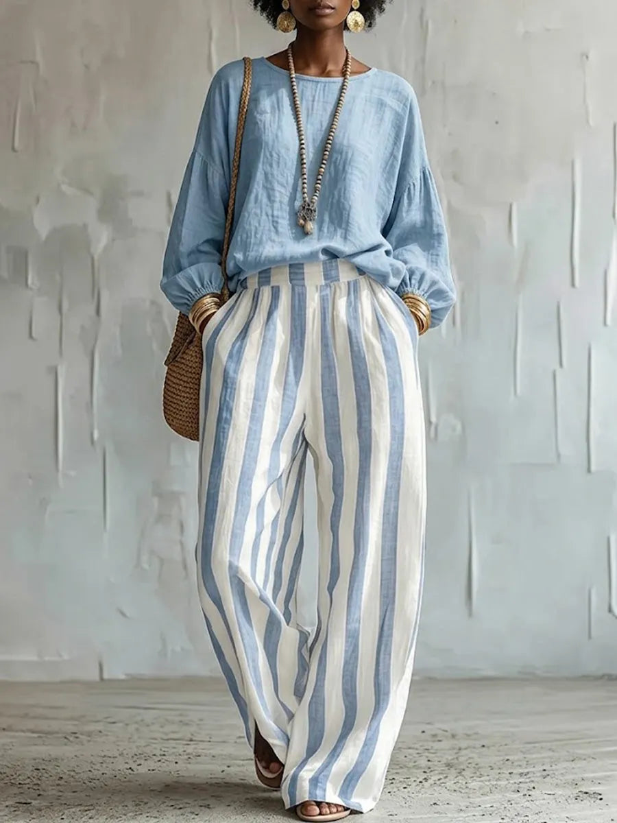 Comfortable Classic Striped Cotton-linen Two-piece Set