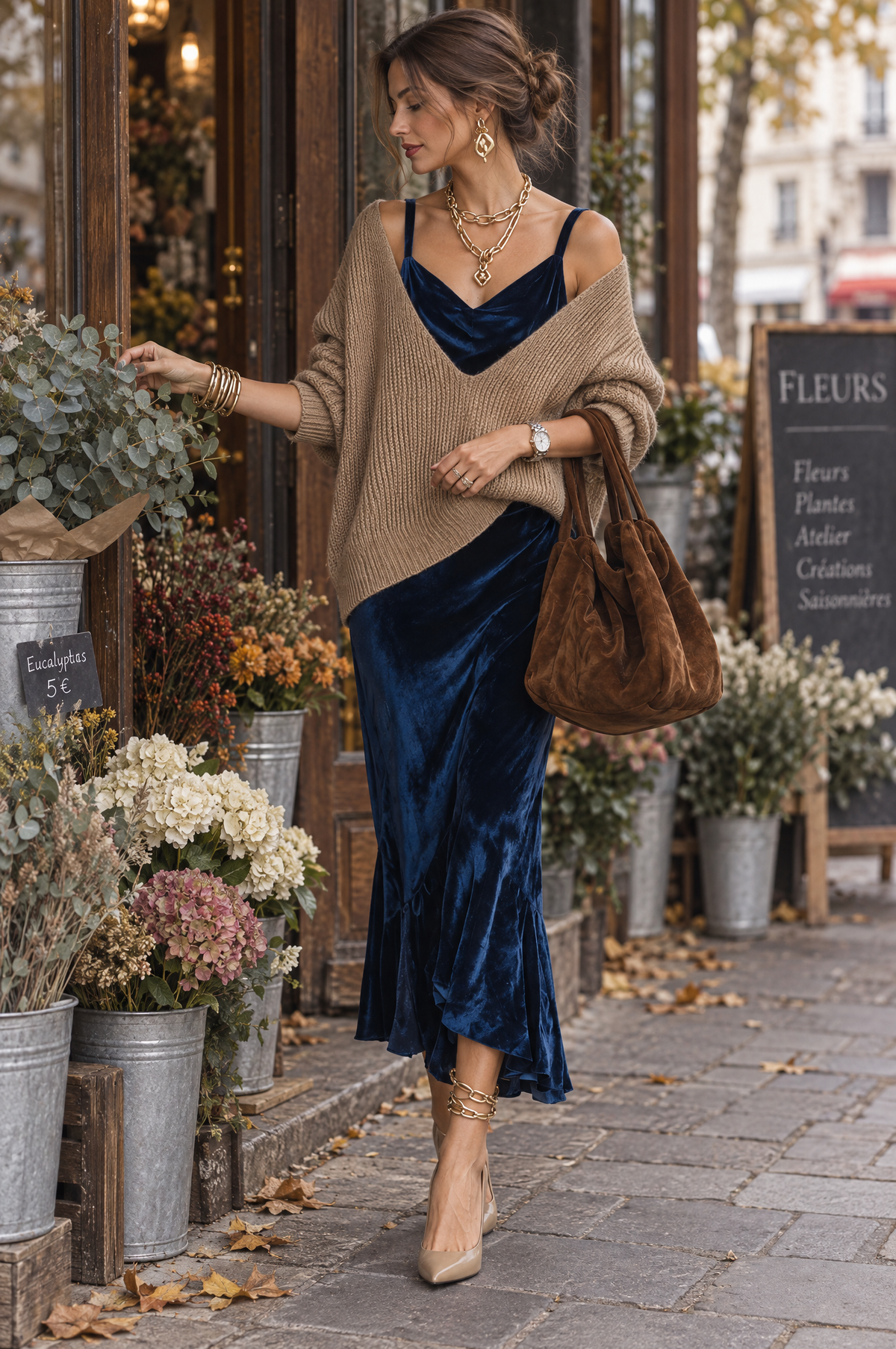 Layered Velvet Cowl Neck Slip Dress with Oversized Knit Sweater Set