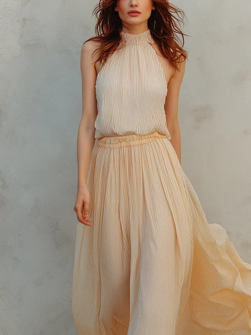 Cream Yellow Striped Halter Top And Skirt Set