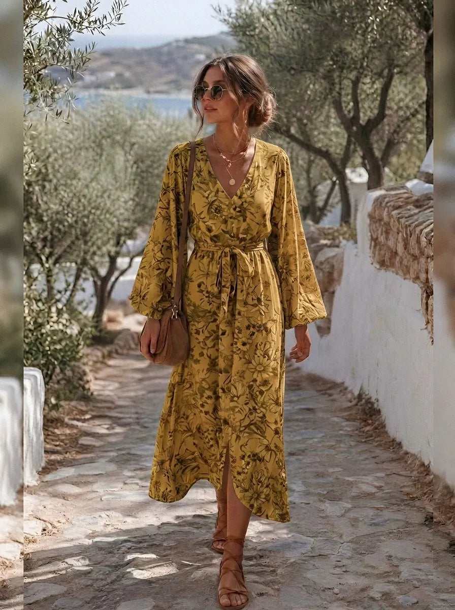 Women's Bohemian Floral V-Neck Long Sleeve Printed Dress