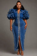 Denim Rhinestone Fringe Midi Dress