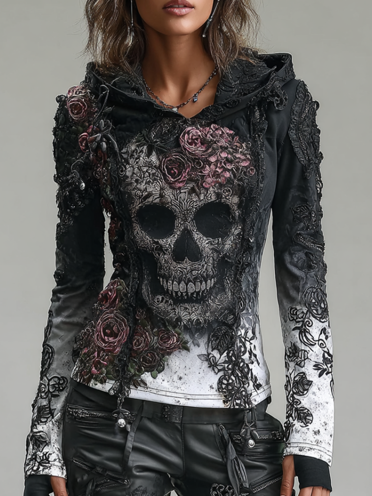 A Retro Women's Black-white Gradient Hooded Top With Gothic Skull And Floral Elements Design For Halloween.