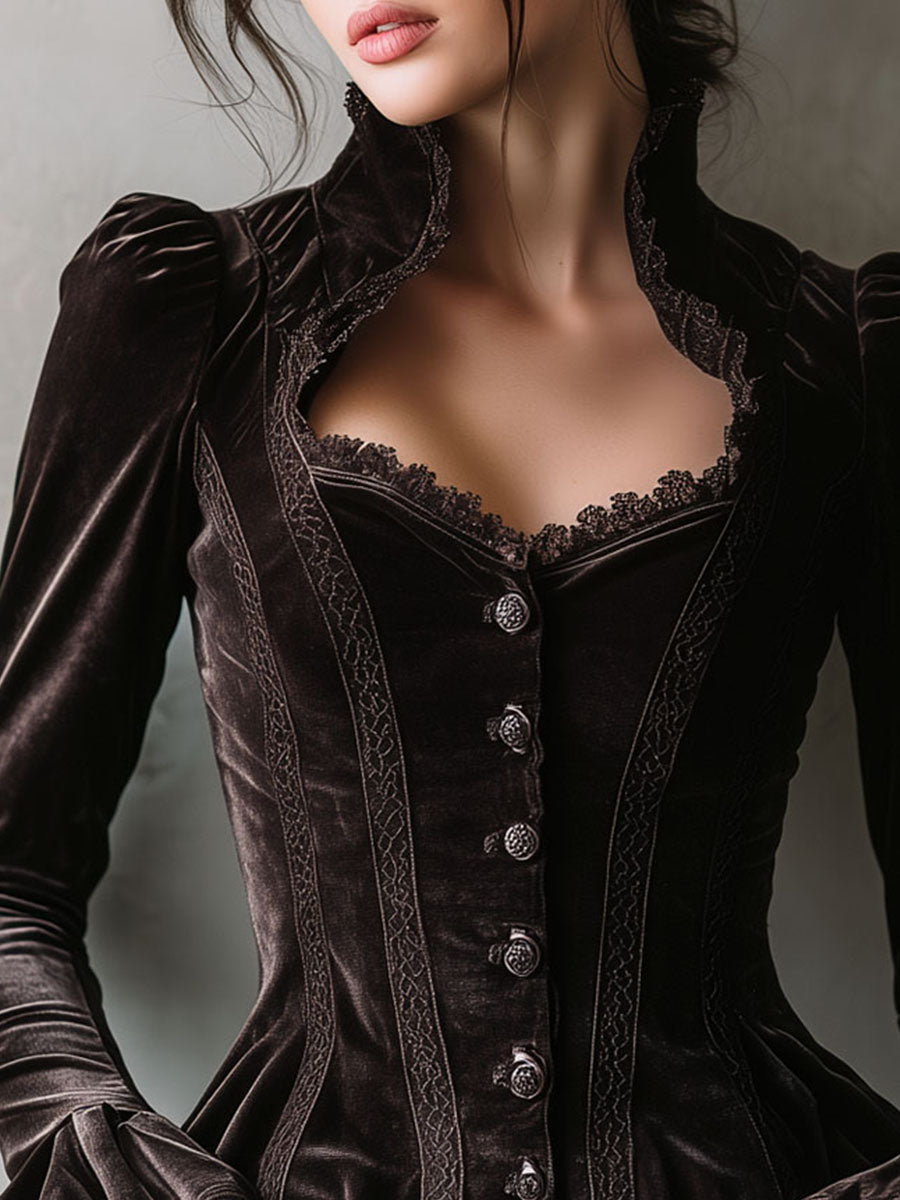 Retro Chocolate Velvet Corset Blouse With Lace Trim