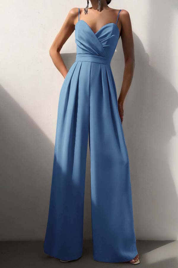 Cocoslly Chic Lilac Sweetheart Spaghetti Strap Sleeveless Pleated Long Wid-Leg Jumpsuit