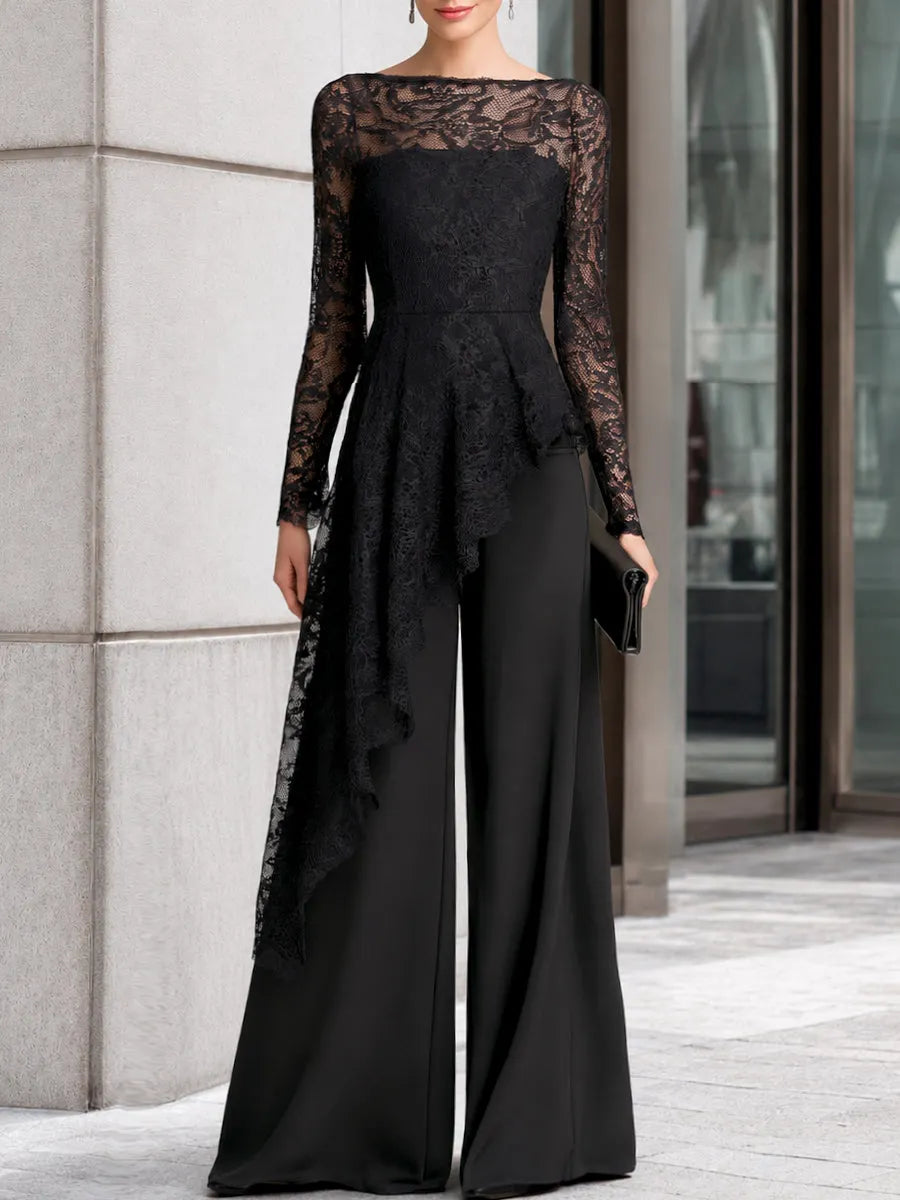 Lace Overlay Asymmetric Wide-Leg Jumpsuit