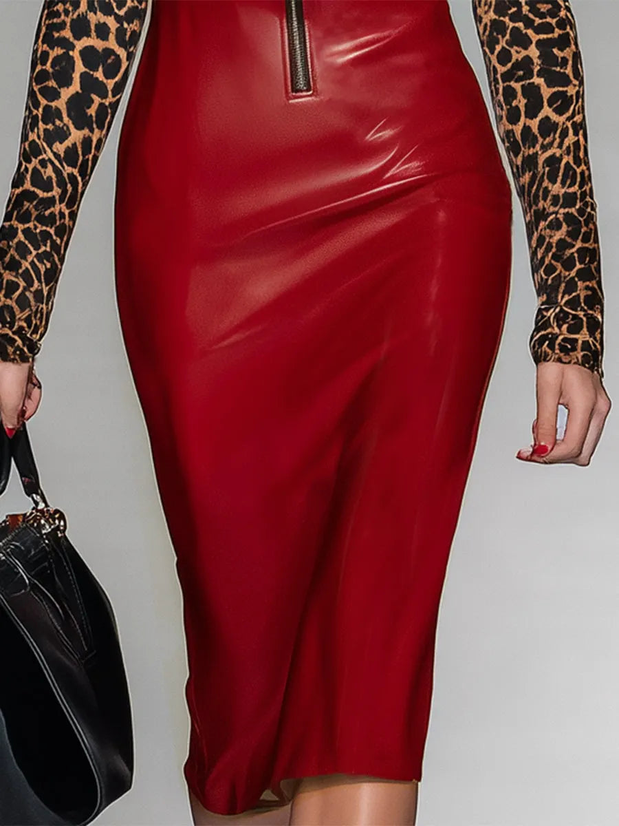 Red Pu Stitching Leopard Print Zipper Midi Dress