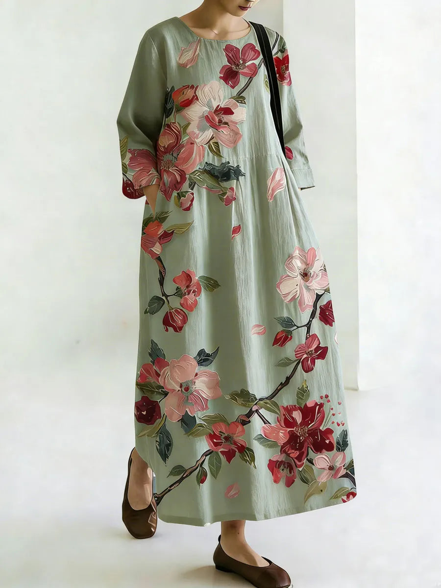 Vintage Boho Floral Design Women's Linen Maxi Dress