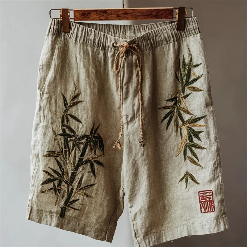 Vintage Japanese Bamboo Embroidered Linen Shorts