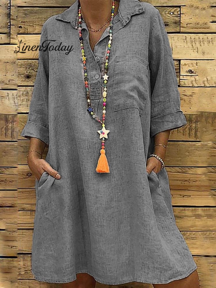 Ladies Plus Size 3/4 Sleeve Shirt Collar Casual Dress