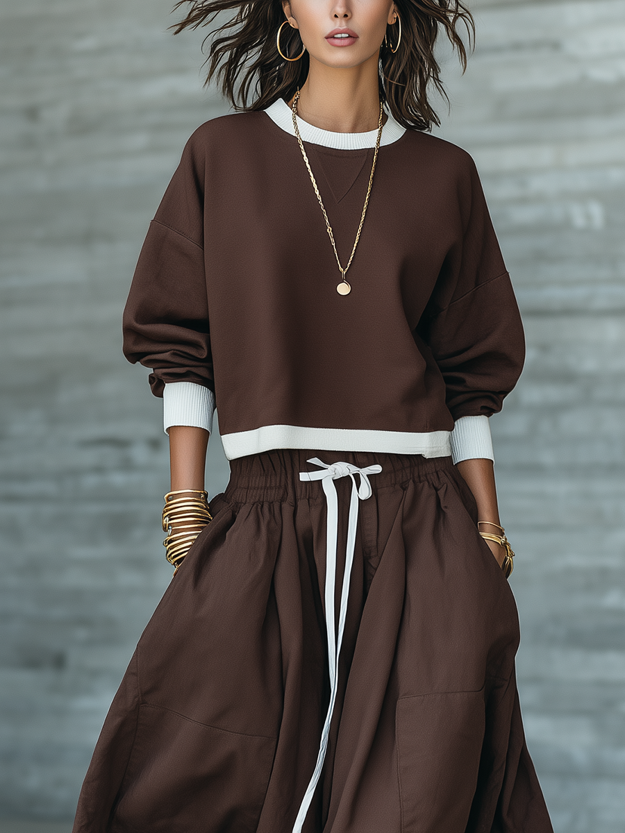 Chocolate Brown Cotton Drawstring Midi Skirt Set