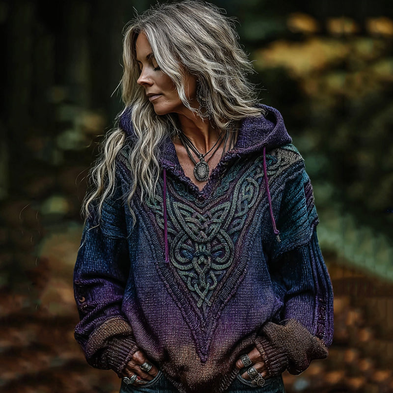 Women's Viking Celtic Knot Art Knitted Warm Hooded Sweater
