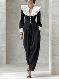 Romantic Black Pleated Ruffle Collar Balloon-Pants Set