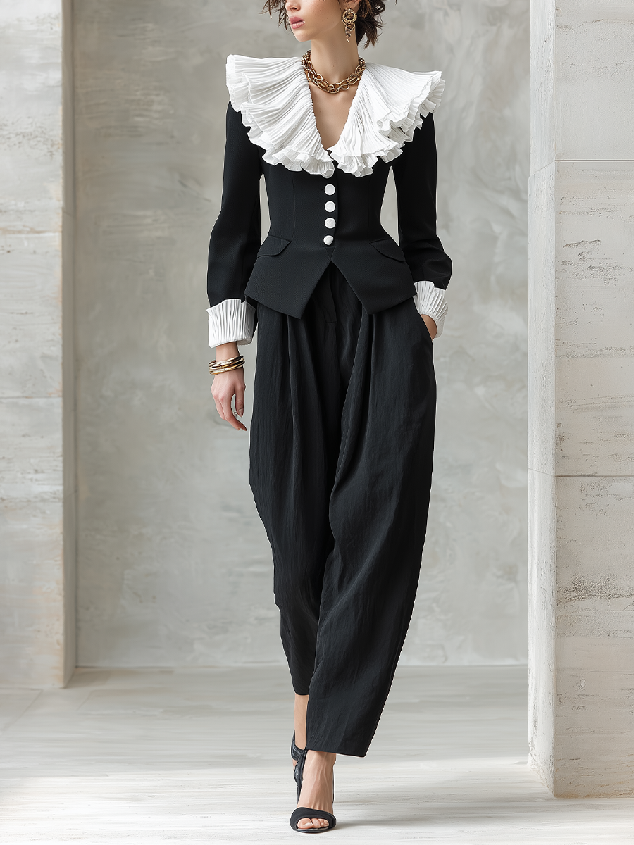 Romantic Black Pleated Ruffle Collar Balloon-Pants Set