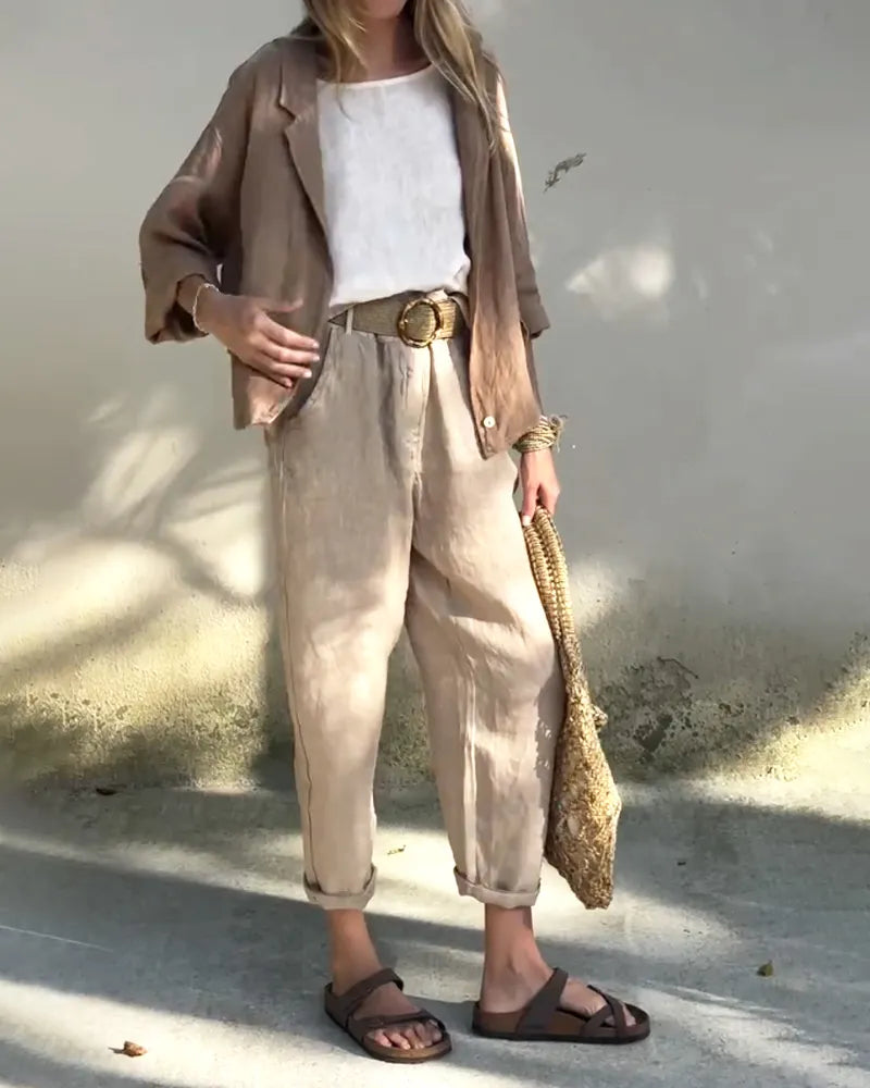 Casual Solid Lap Collar Shirt & Pants Two-Piece Set (Without Belt)