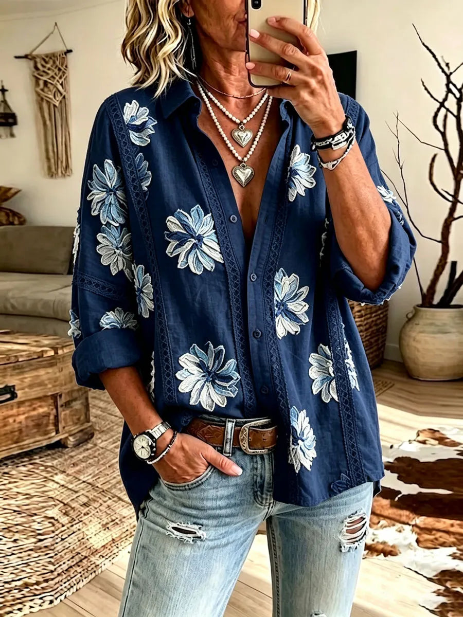 Women'S Cotton Linen Flower Casual Long Sleeve Shirt