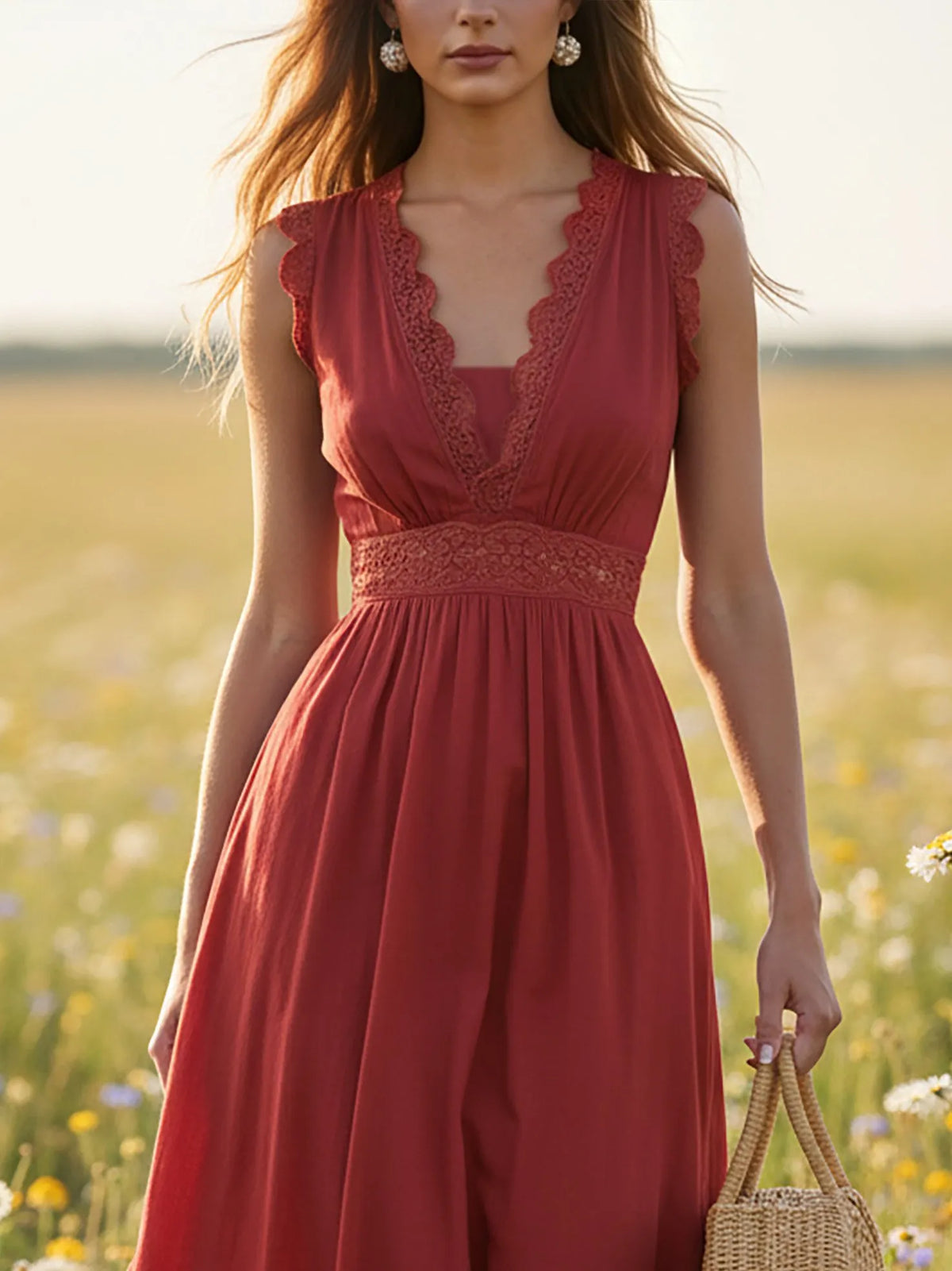 Maxi Linen Dress, Sleeveless, V Neck, Lace, Vacation, Vintage, Red