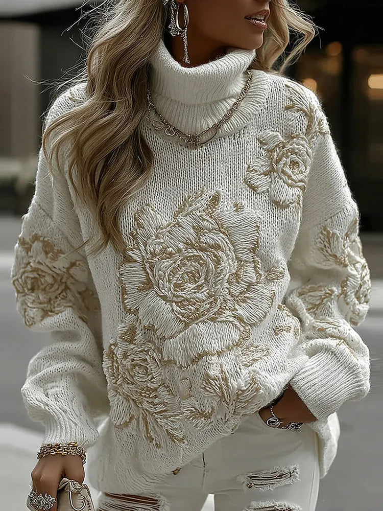 Women's Vintage White Rose Floral Art Cozy Sweater