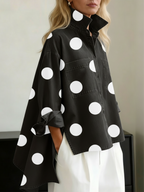 Elegant Artistic Polka Dot Print Stand-collar Denim Top