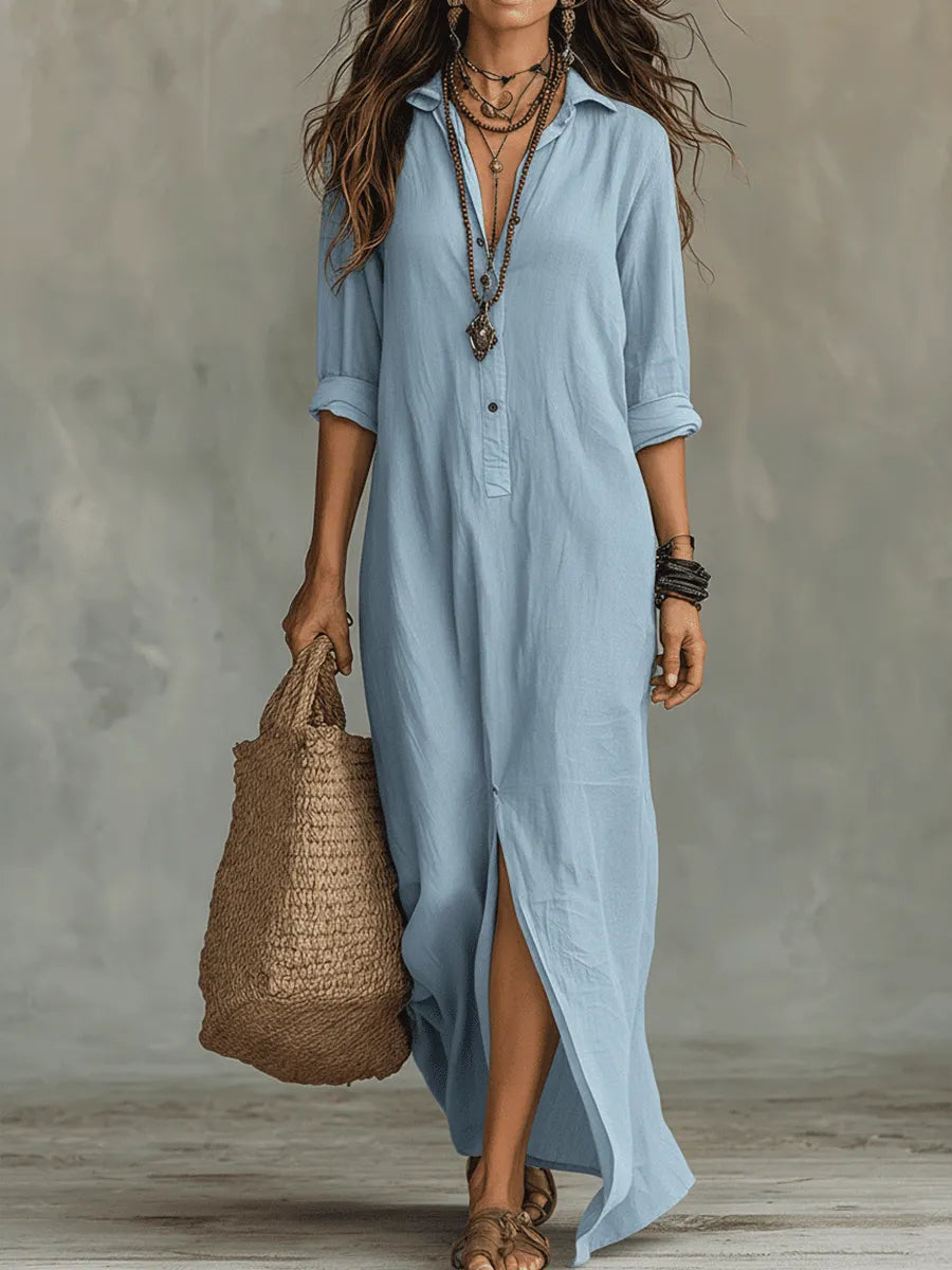 Black Button-Front Bohemian Shirt Maxi Dress