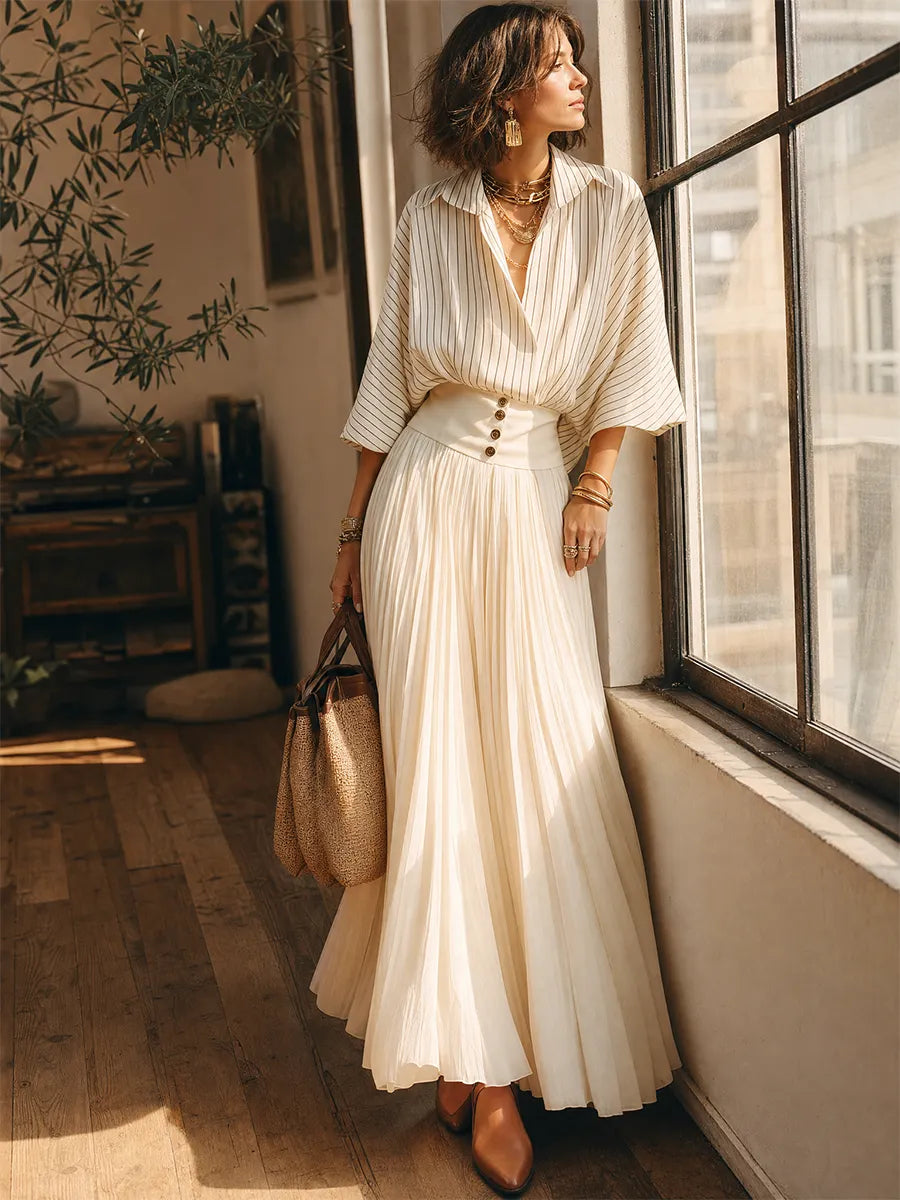 Elegant Ivory Striped Pleated Skirt Set