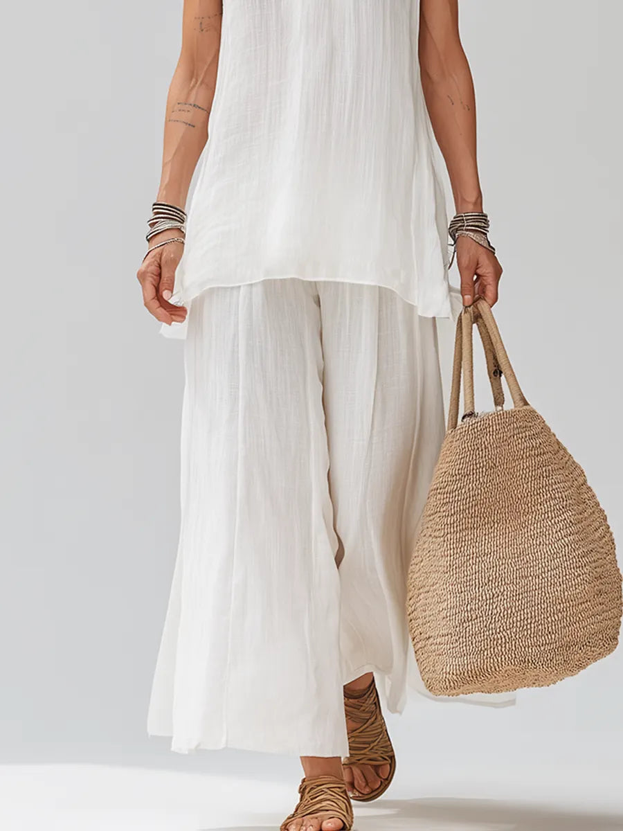 White Sleeveless Linen Top And Wide-leg Pants Suit