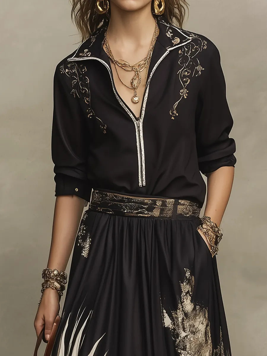 Elegant Black Artistic Print Blouse & Maxi Skirt Set