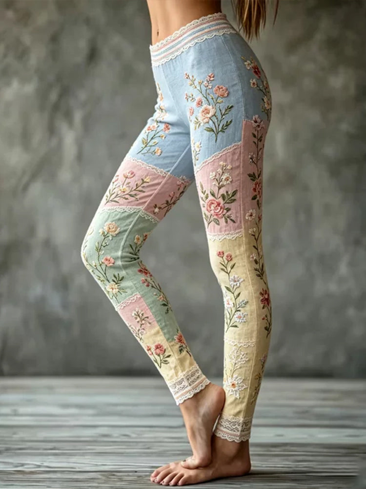 Women's Small Floral Embroidery And Lace Art Splicing Comfortable Casual Leggings