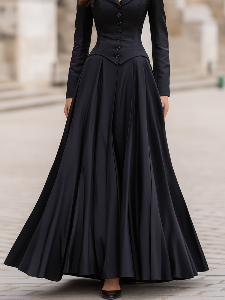 Elegant Tailored Waist Long-Sleeve Maxi Dress