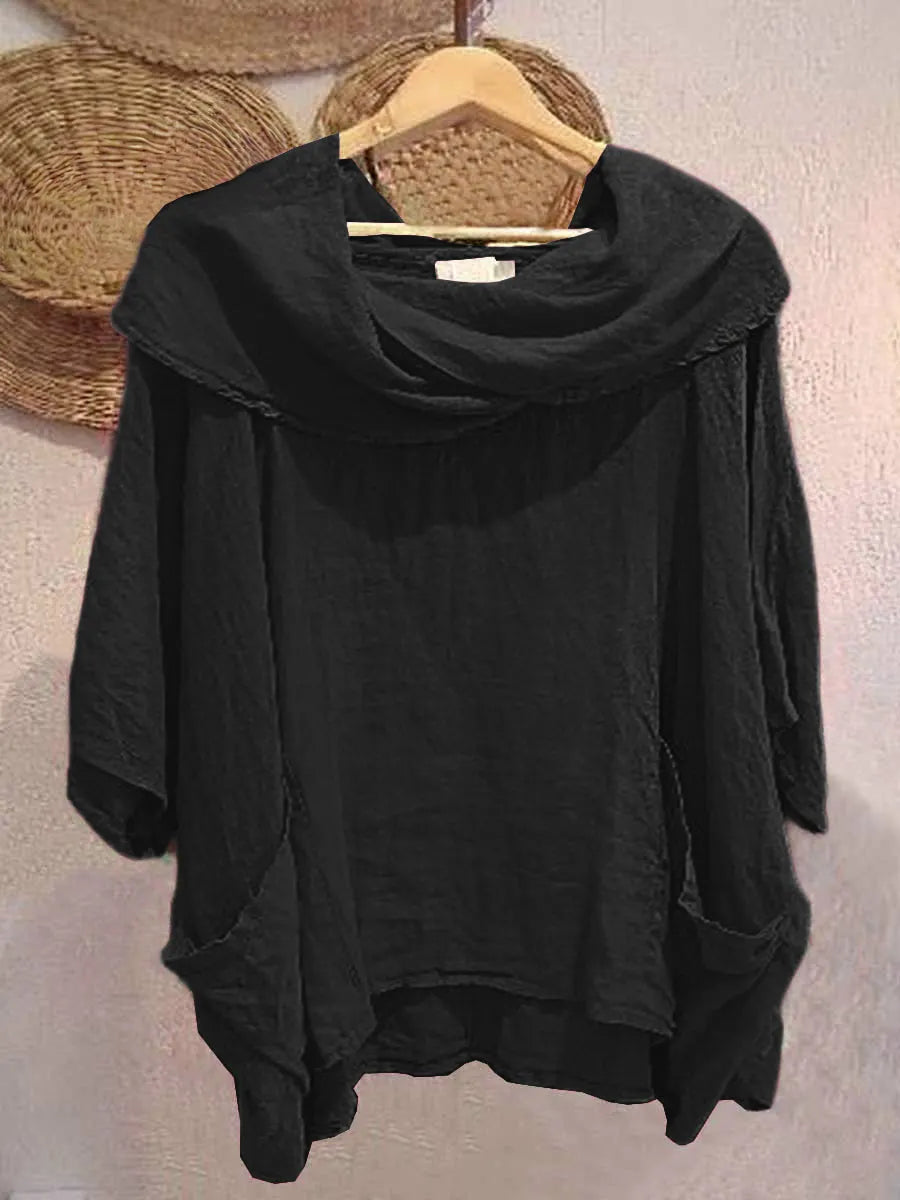 Women's Solid Color Draped Neck 3/4 Sleeve Comfortable Casual Linen Pocket Top