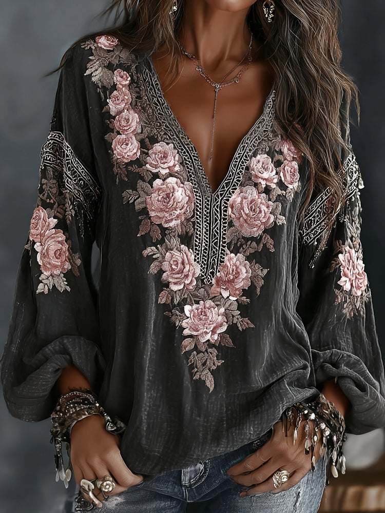 Women's Vintage Spring Floral Embroidered Art Print Flowy Linen Blend Long Sleeve V Neck Tops