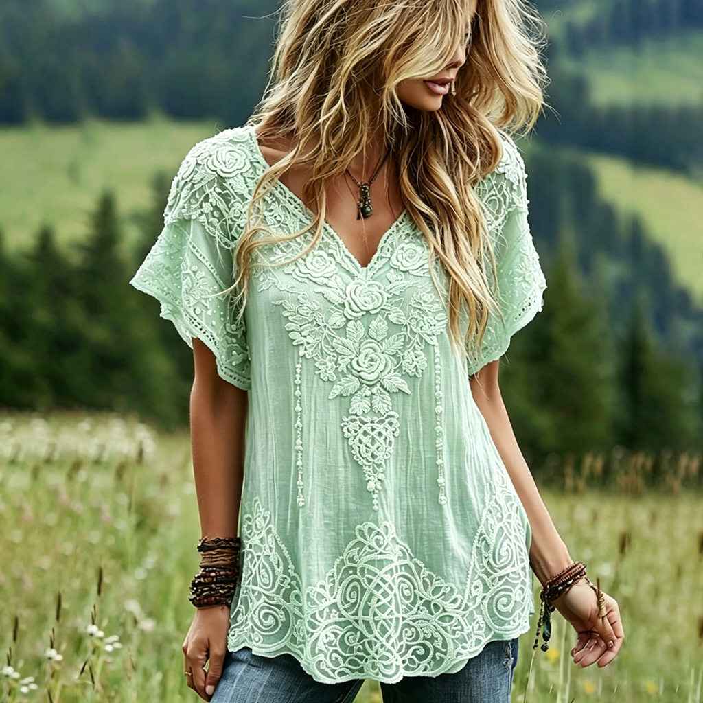 Women's Vintage Celtic Knot Floral Art Linen Blend Short Sleeve Tops