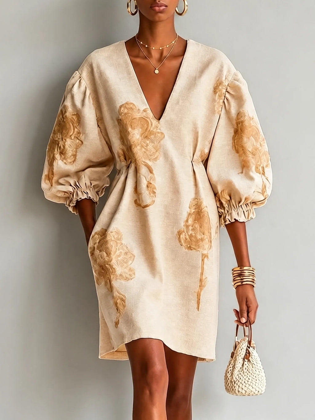 Beige Linen Floral Mini Dress Deep V Lantern Puff Sleeve Drawstring Waist Pocket Vacation Dress