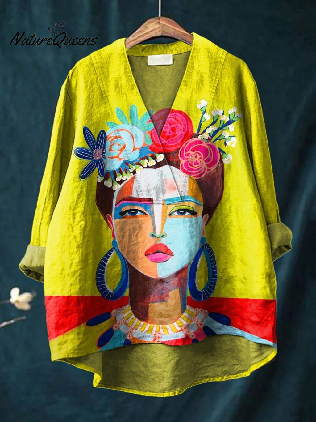 Oil Painting Freda Portrait Art Printed Women's Casual Cotton And Linen Shirt