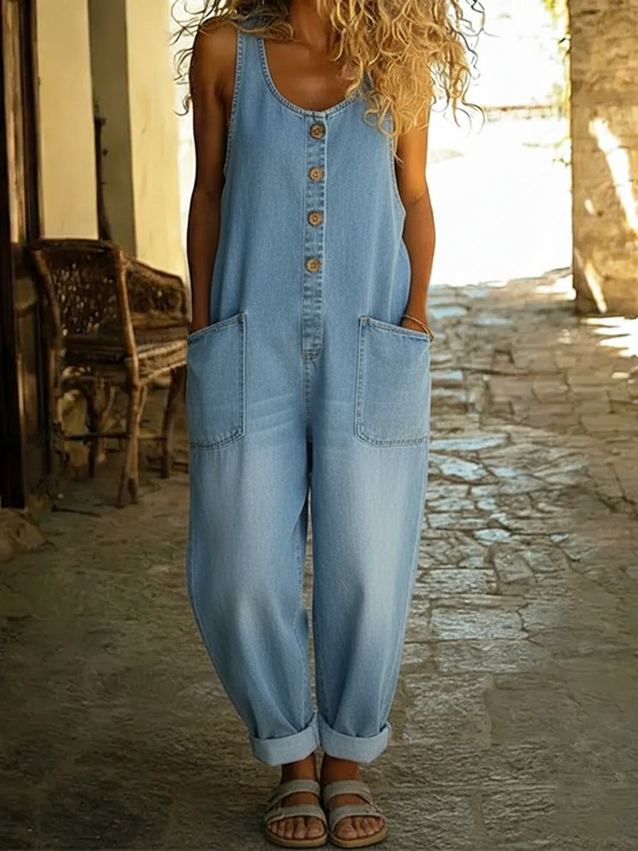 Women's Casual Cotton Vest And Denim Jumpsuit