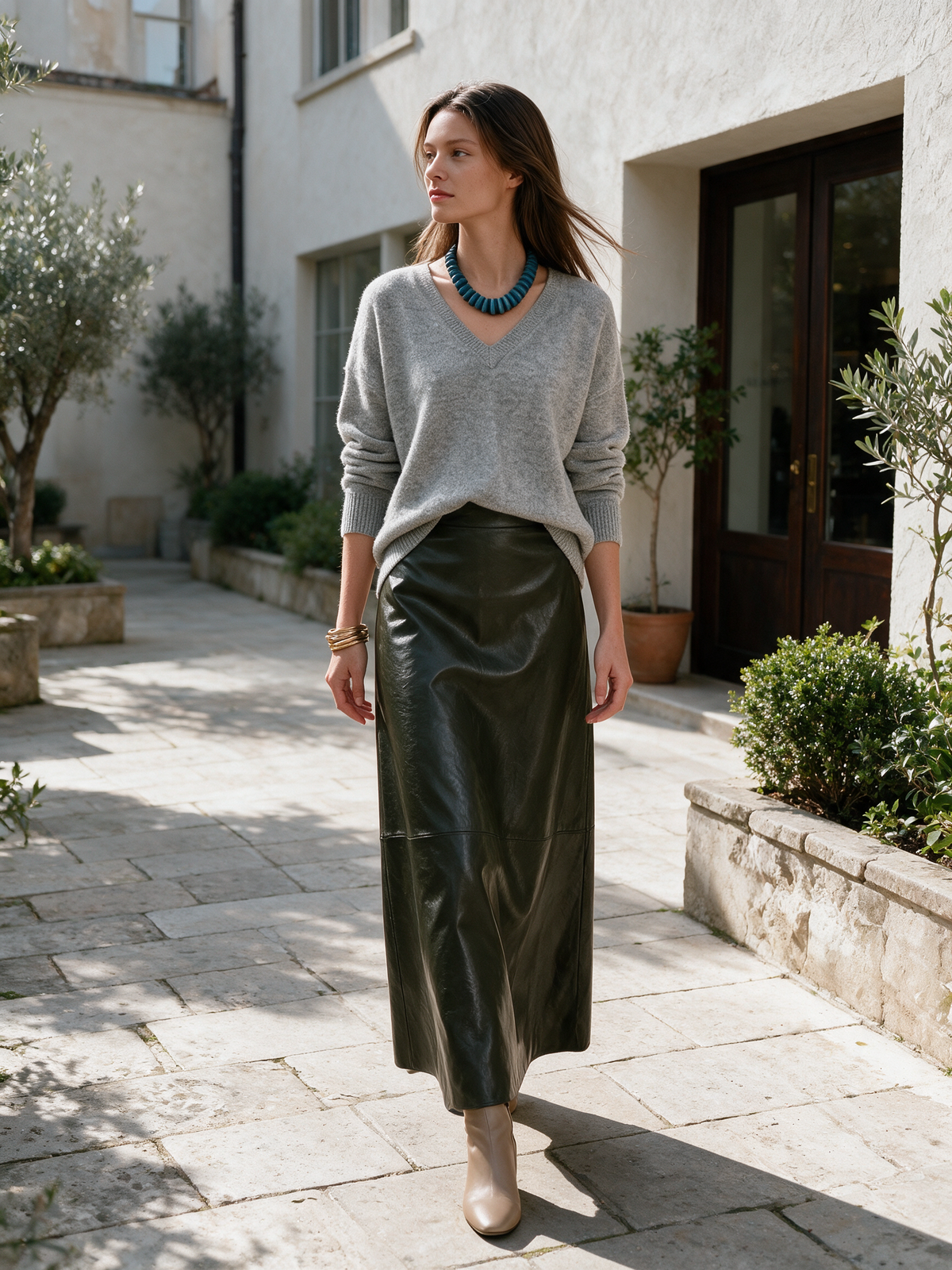Grey V-Neck Sweater & Olive Maxi Skirt Set