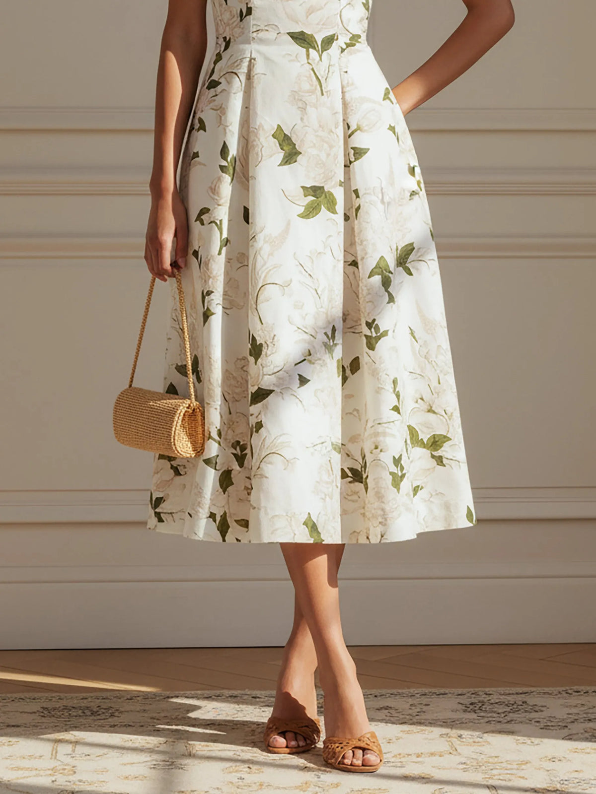 Midi Linen Dress, Sleeveless, Square Neck, Floral, Pocket Design, Vacation, Vintage, White