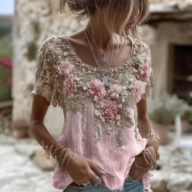 Women's Pink Rose Embroidery Art Round Neck Short Sleeve Linen Blend T-shirt