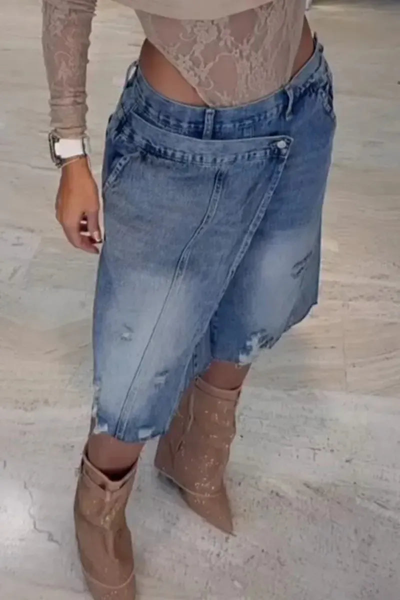 Women's Faux Two-Piece Style Mid-Length Jeans