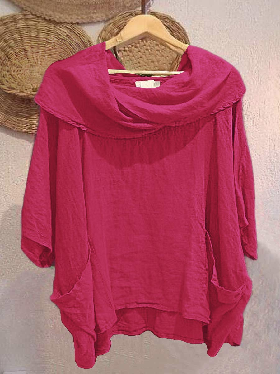 Women's Solid Color Draped Neck 3/4 Sleeve Comfortable Casual Linen Pocket Top