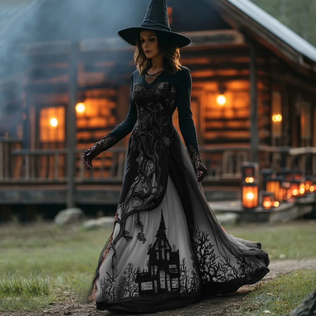 Women's Halloween Gradient Treehouse Design Witch V-neck Maxi Dress